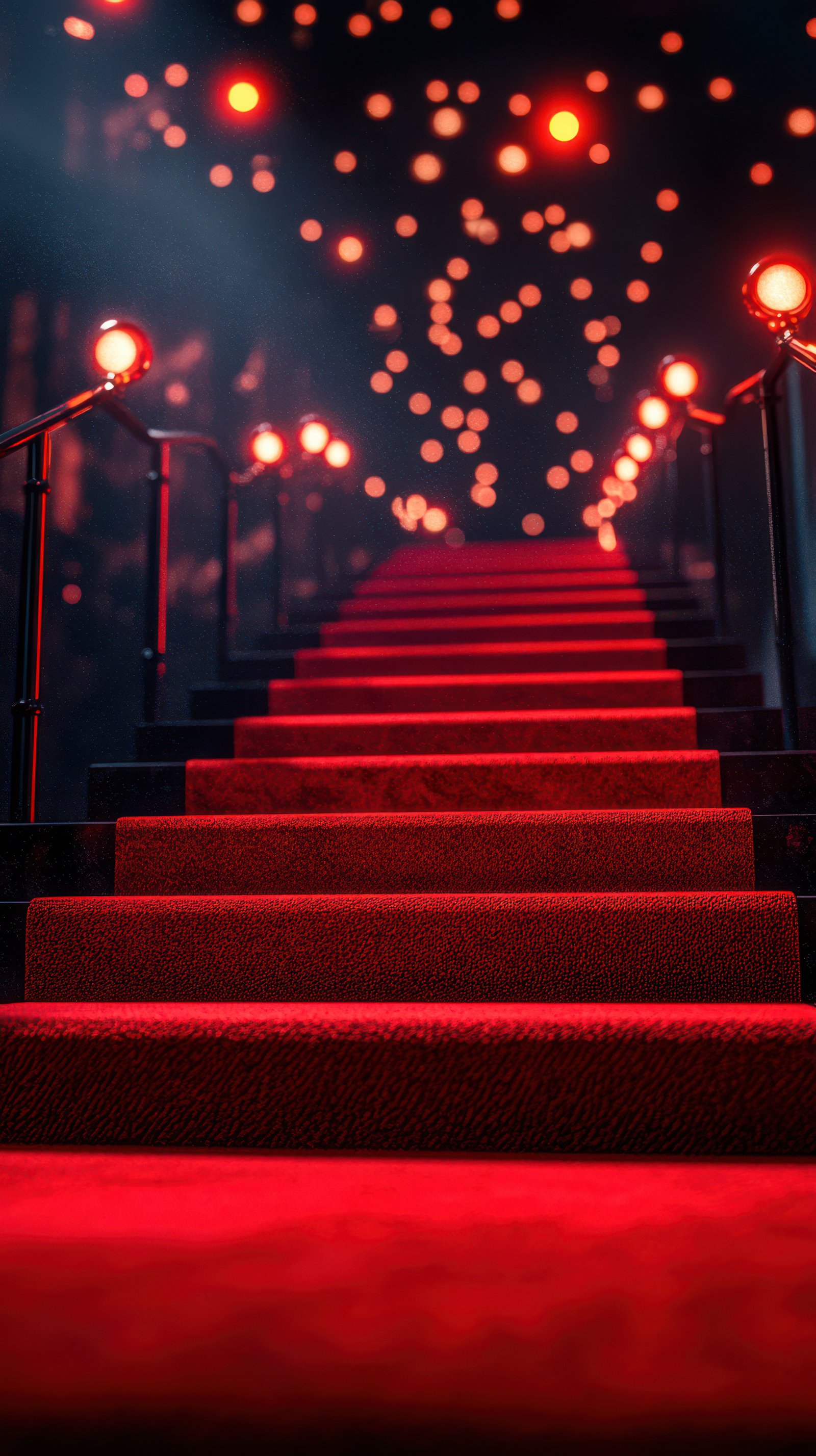 Elegant red carpet stairs leading to an illuminated venue at night with soft glowing lights above